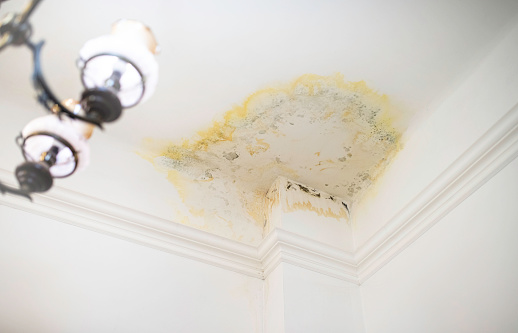 a stain on the ceiling in the apartment from flooding by the upstairs neighbors. water leak damage. insurance claiming case. flooding by neighbors. insurance case.