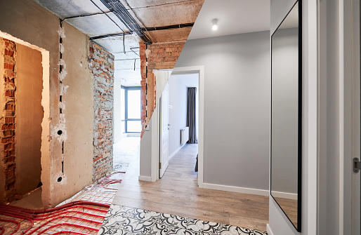 apartment with heated floor before and after renovation.